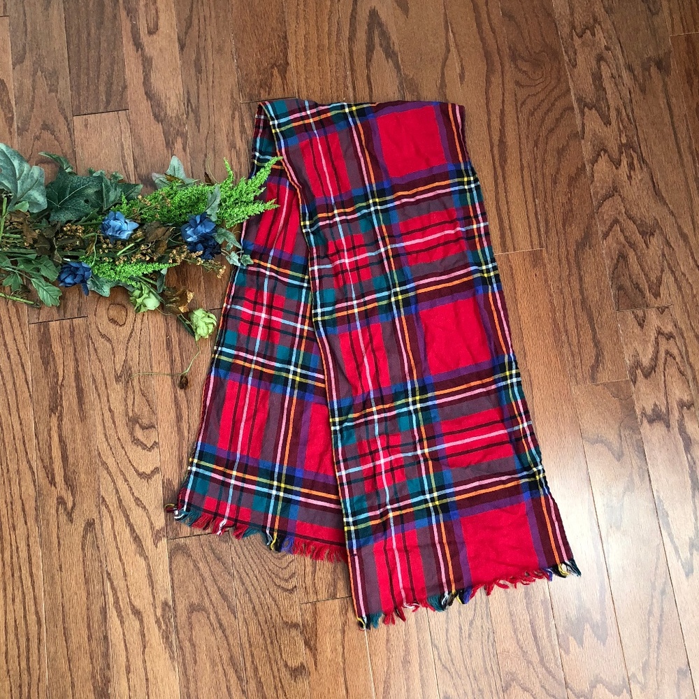 Vintage Kenneth Gordon Red Plaid Scarf 11"x51"